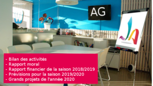 Une salle avec Tableau blanc, tables et chaises pour l'AG de la JA