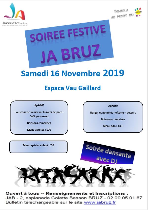 Affiche de la soirée festive de la JA Bruz du 16 novembre 2019.