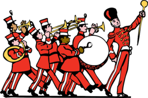 Dessin stylisé d'une fanfare habillée en rouge en train de défiler