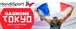 Logo Gagnons Tokyo cercle rouge et handi sportif brandissant le drapeau français