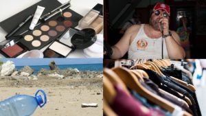 Une photo montrant des produits d emaquillage, la plage , des vêtements et un joueur de Karaoké
