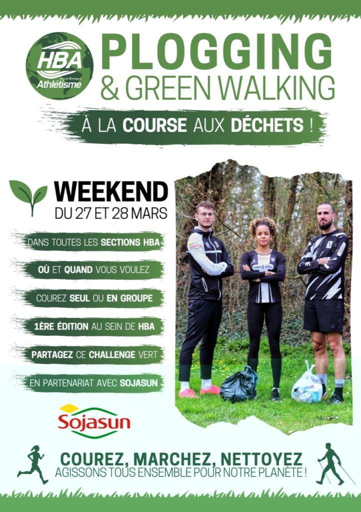 3 coureurs les bras croisés (2 hommes et une femme) avec 2 sacs poubelles au pied pour illustrer la course aux déchets