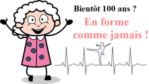 Un dessin de dame agée toute souriante et un texte indiquant qu'elle conserve la forme