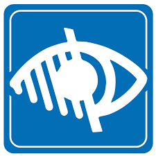 Logo blanc sur fond bleu signalant un accès pour les malvoyants 