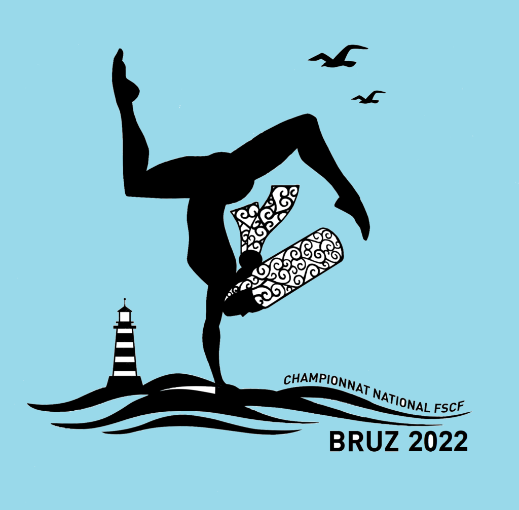 Une silhouette de bigoudène en noir avec sa coiffe en train de faire un équilibre. Les flots de la mer et un phare sont là pour rappeler que le fédéral se déroulera en Bretagne