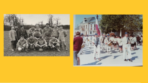 Photos de l'équipe de football en noir et blanc et de la Fanfare en couleur