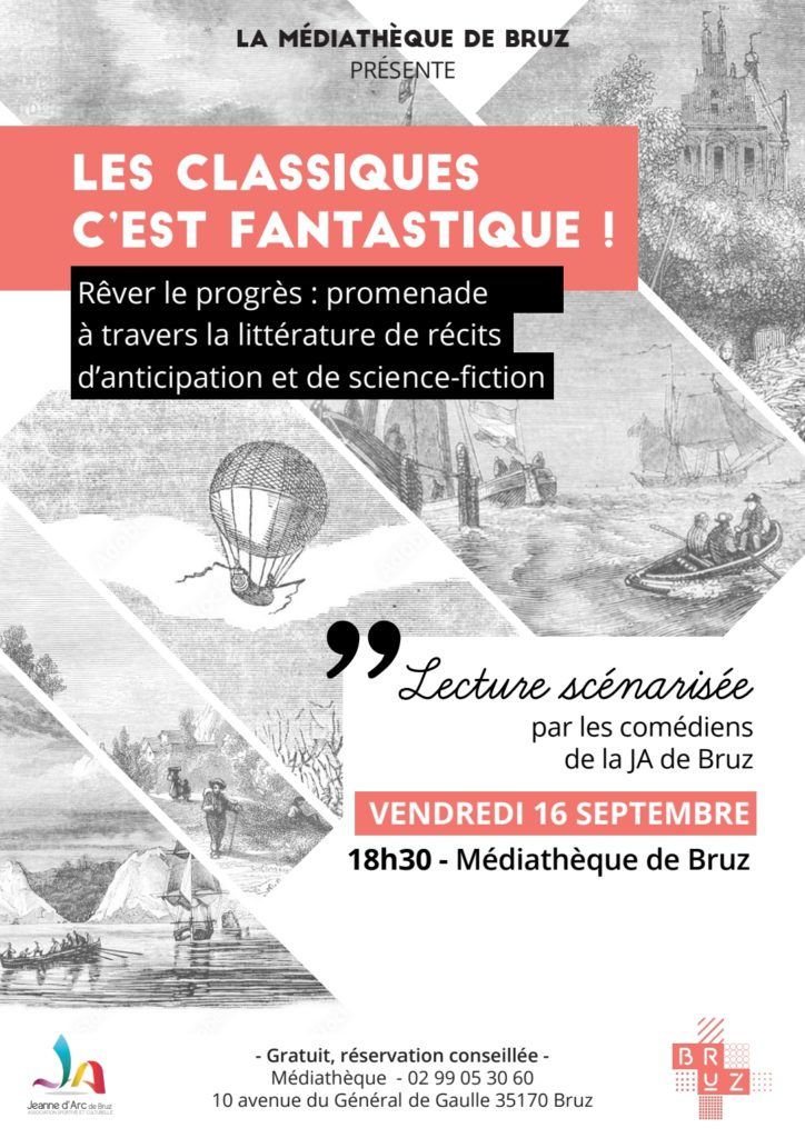 Affiche du spectacle de lecture scénarisée avec dessins en noir et blanc évoquants les inventions de siècles passés