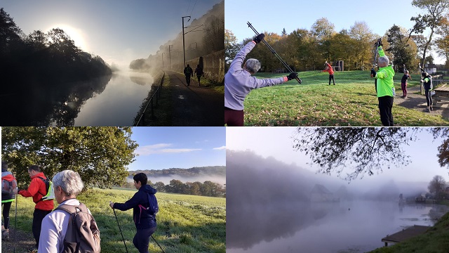 Mosaïque de 4 photos de marcheurs et de paysages embrumés sur le chemin de halage